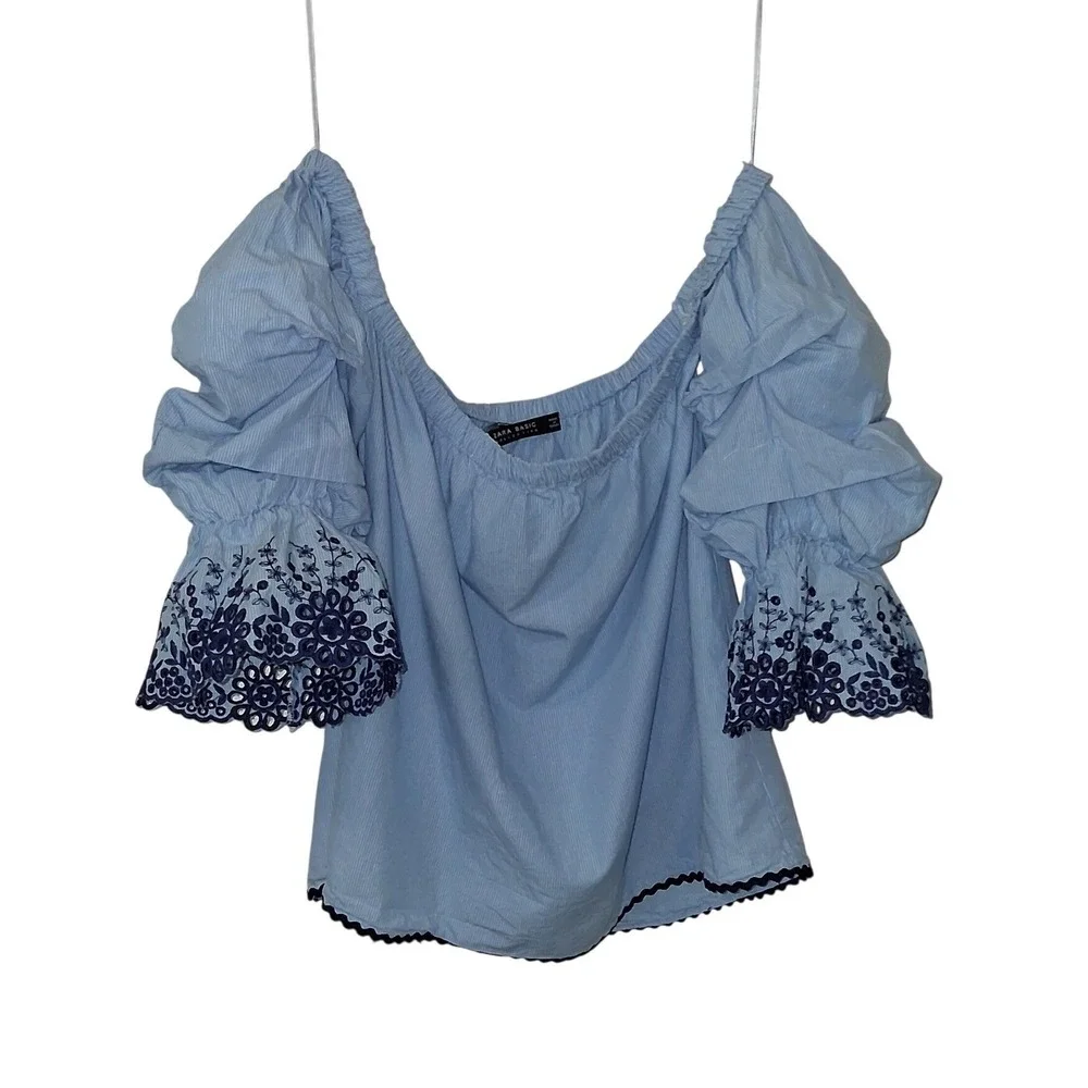 Zara Basic Blue Pinstripe Off Shoulder Embroidered Puff Sleeve Blouse Small